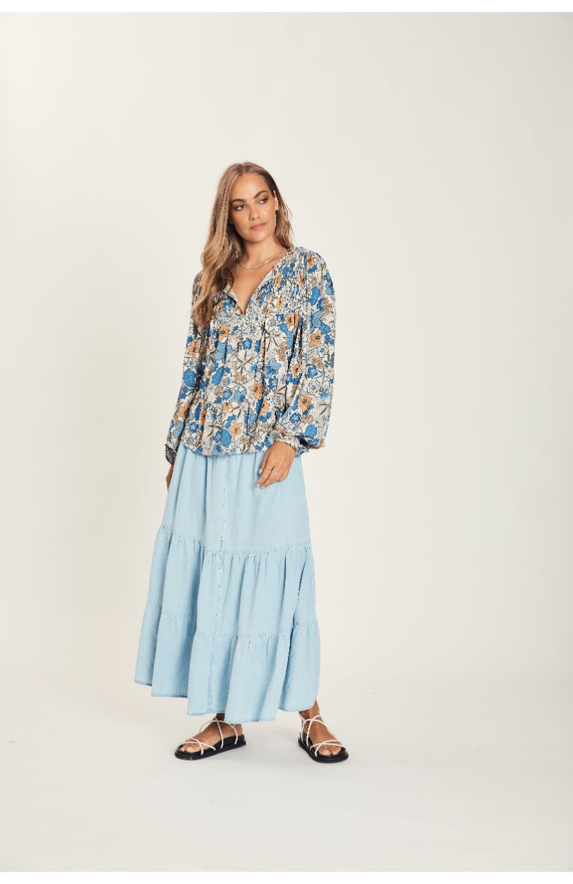 HARNI Emilie Shirred Top - Blue Ivy Shirts &amp; Blouses - Zabecca Living