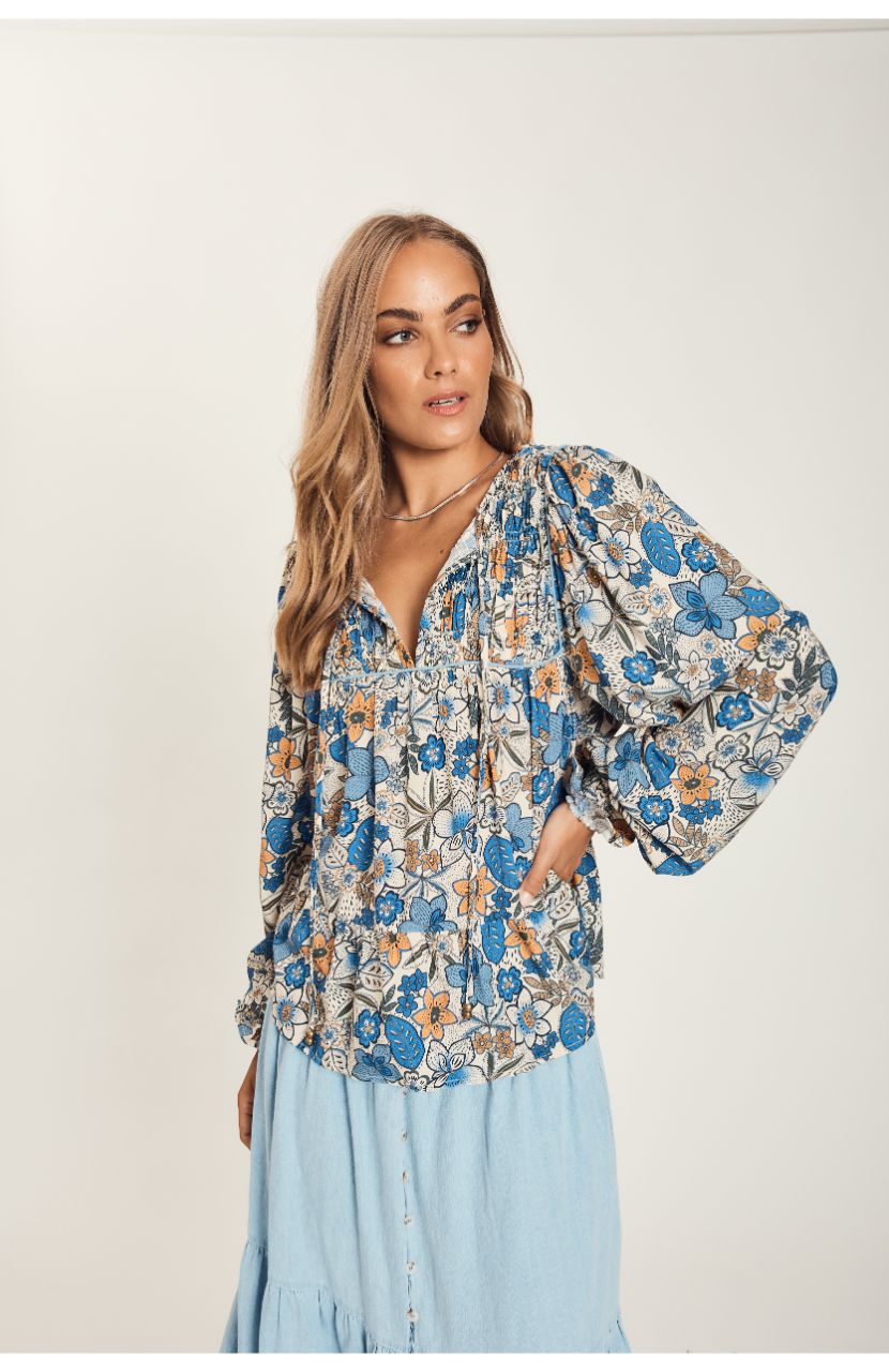 HARNI Emilie Shirred Top - Blue Ivy Shirts &amp; Blouses - Zabecca Living