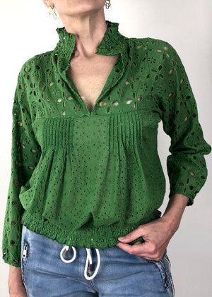 INZAGI Broderie Blouse - Green Shirts & Blouses - Zabecca Living