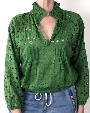 INZAGI Broderie Blouse - Green Shirts & Blouses - Zabecca Living