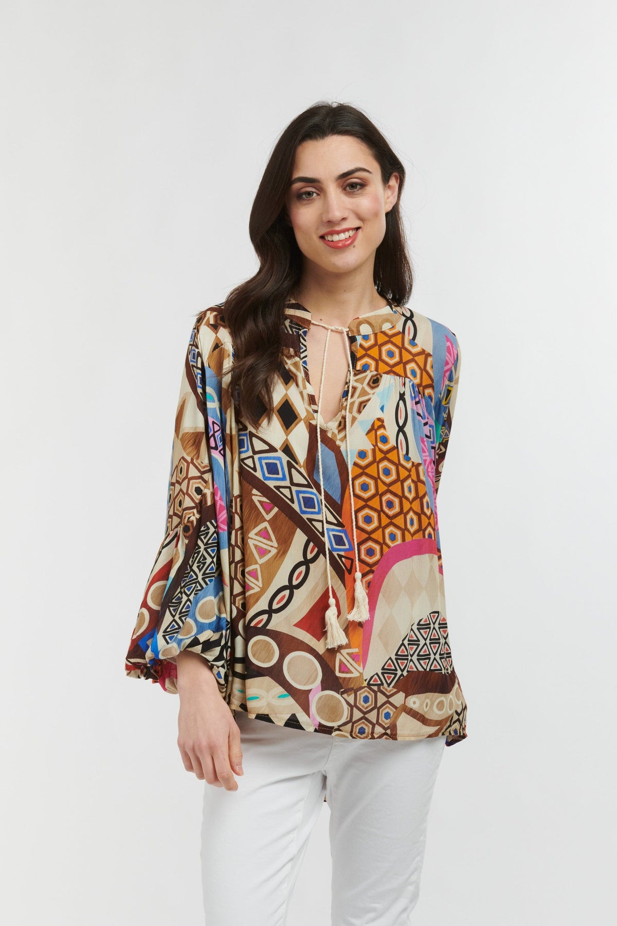 ITALIAN STAR Billow Blouse - Chocolate Honey Print Shirts & Blouses - Zabecca Living