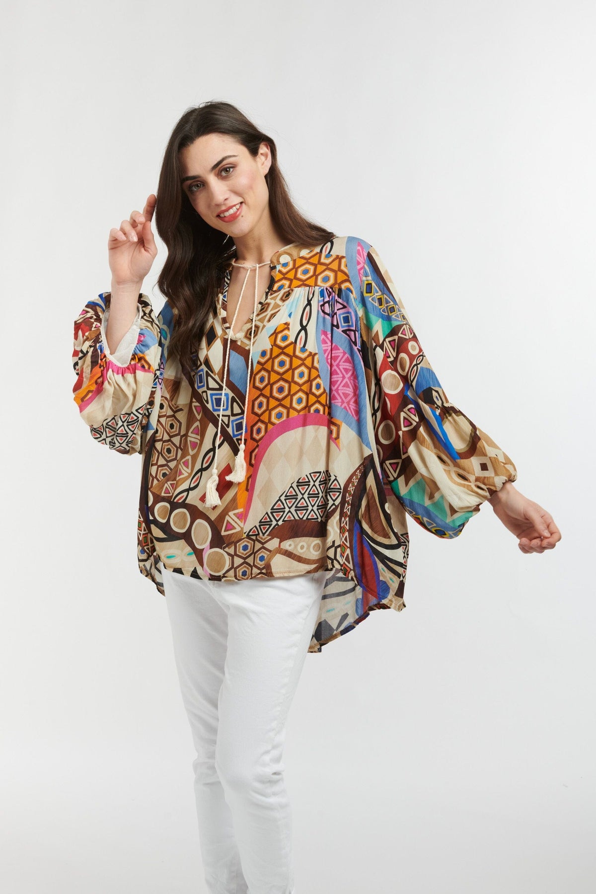 ITALIAN STAR Billow Blouse - Chocolate Honey Print Shirts & Blouses - Zabecca Living