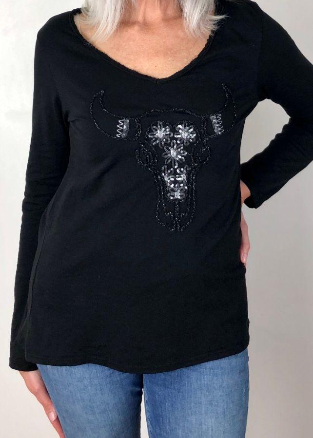 ITALIAN STAR Buffalo Sequin Long Sleeve Top - Black Long Sleeve Tees - Zabecca Living