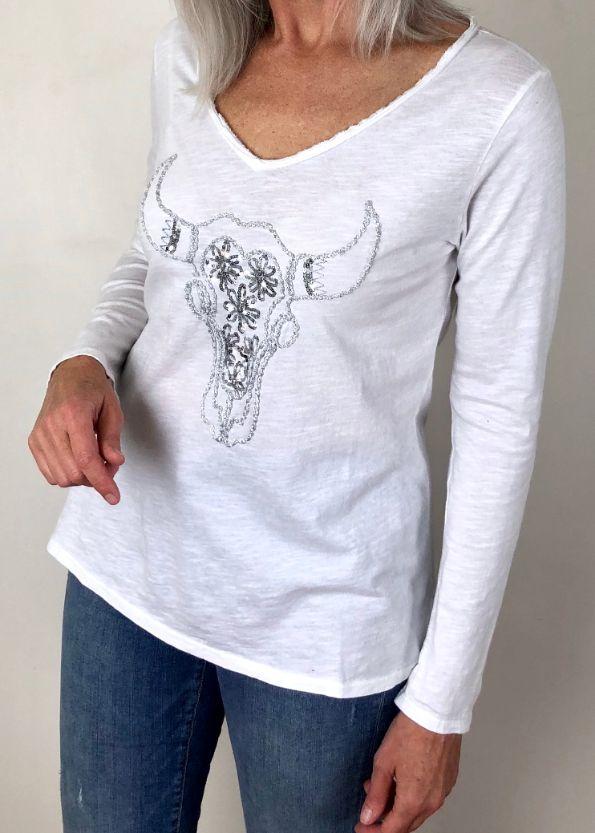 ITALIAN STAR Buffalo Sequin Long Sleeve Top - White Long Sleeve Tees - Zabecca Living