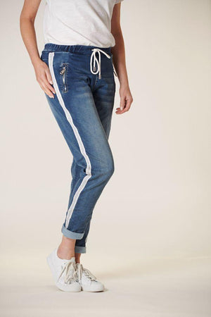 ITALIAN STAR Denim Jogger with Silver Trim - Dark Wash JEANS - Zabecca Living