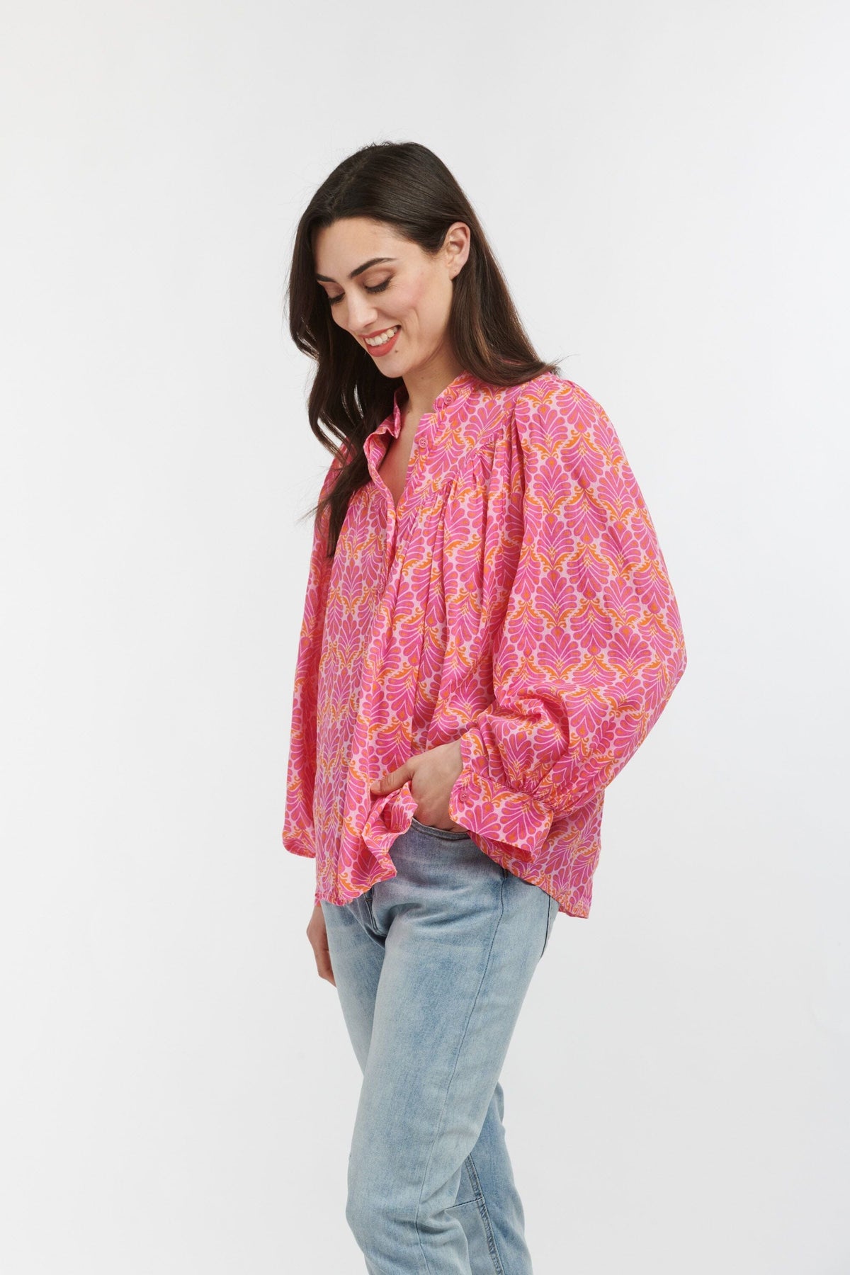 ITALIAN STAR Sybil Blouse - Feather Print Pink Fuxia Orange Shirts & Blouses - Zabecca Living