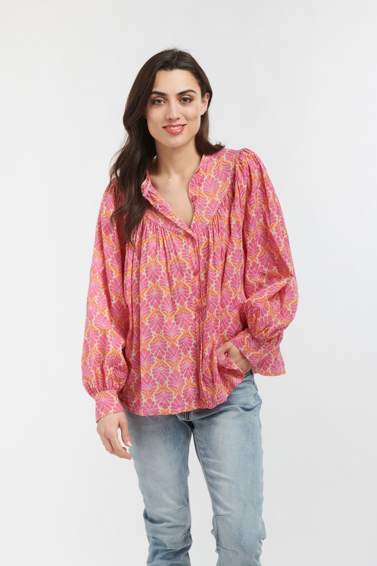 ITALIAN STAR Sybil Blouse - Feather Print Pink Fuxia Orange Shirts & Blouses - Zabecca Living