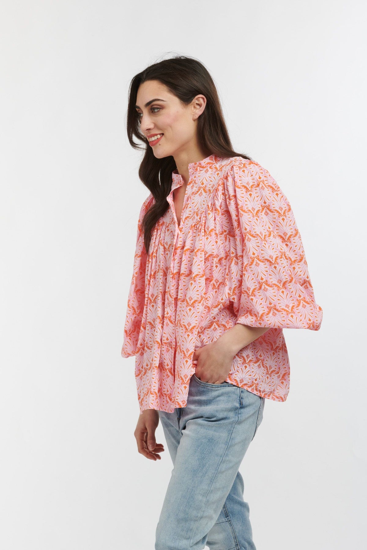 ITALIAN STAR Sybil Blouse - Feather Print Soft Pink Orange White Shirts & Blouses - Zabecca Living