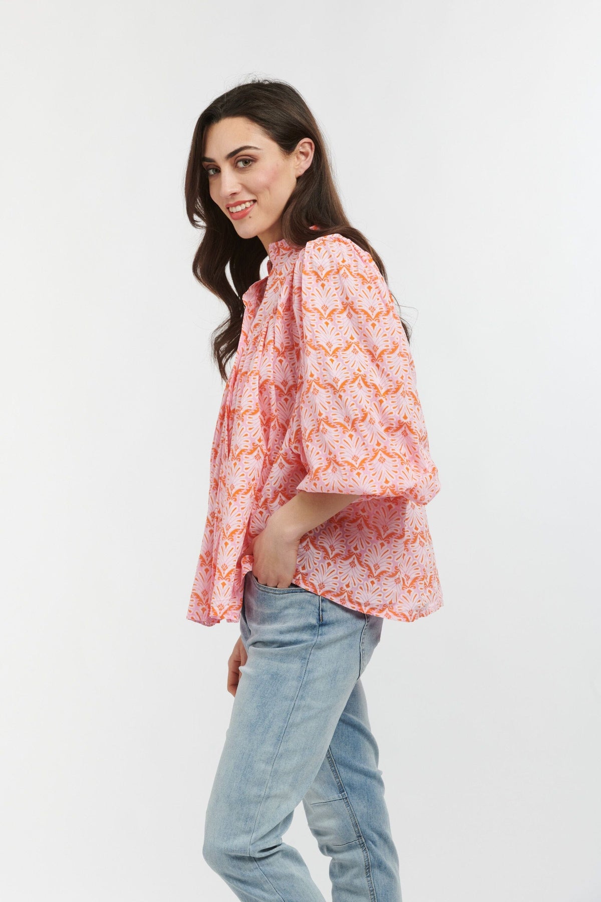 ITALIAN STAR Sybil Blouse - Feather Print Soft Pink Orange White Shirts & Blouses - Zabecca Living