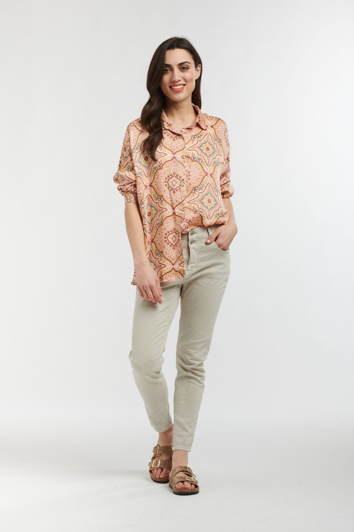 ITALIAN STAR Tuscany Shirt - Jardin Print Gold Shirts & Blouses - Zabecca Living