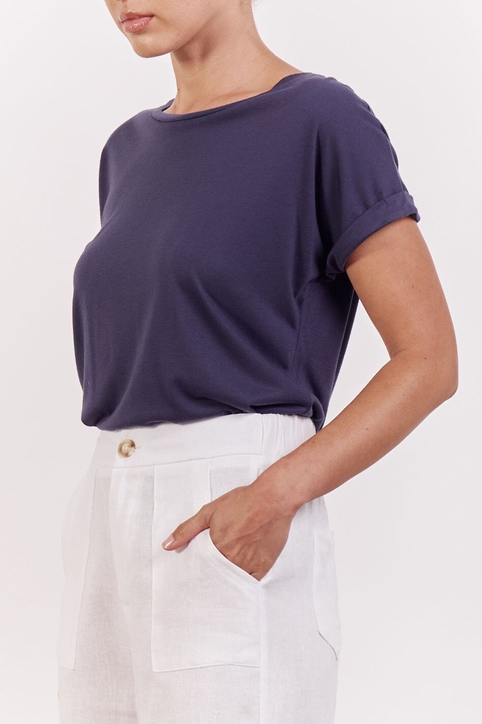LITTLE LIES Roll Sleeve Tee - Navy Tee - Zabecca Living
