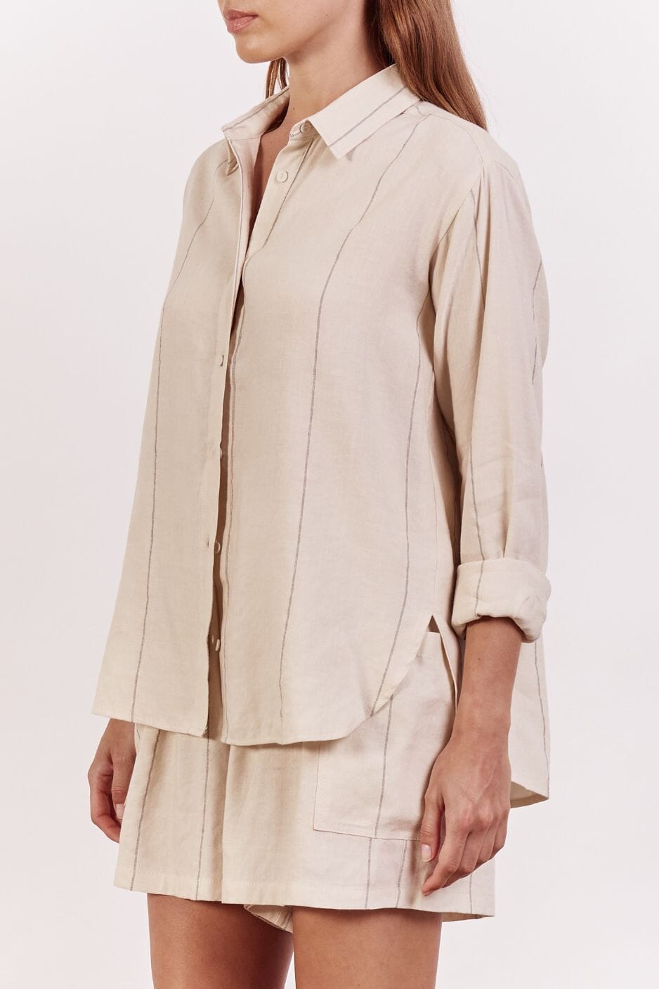 LITTLE LIES The Ainsley Shirt - Beige Pinstripe Shirts & Blouses - Zabecca Living