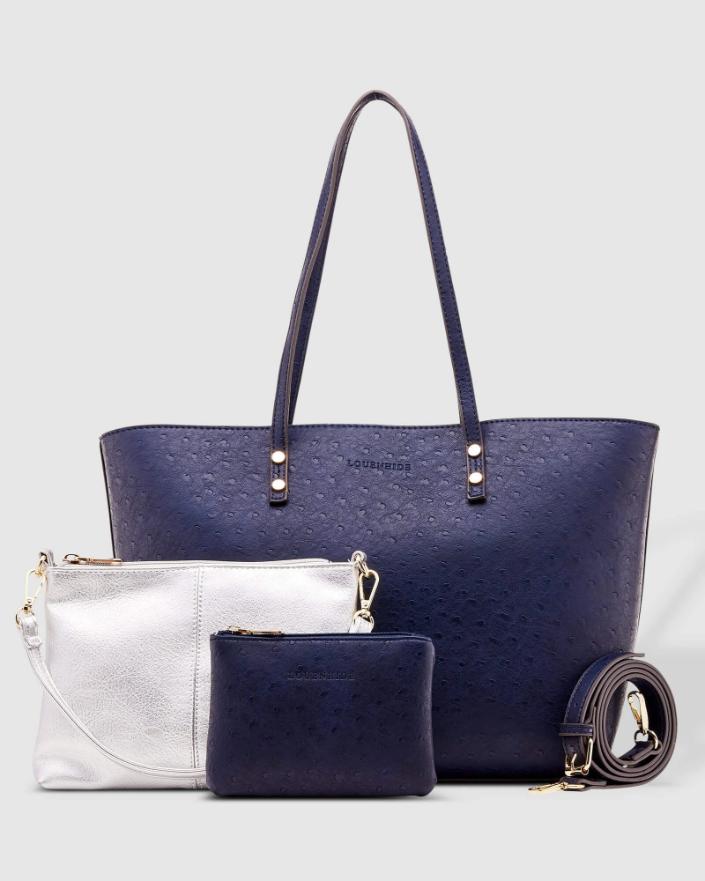 LOUENHIDE Riley Trio Ostrich Tote Bag - Navy HANDBAG - Zabecca Living