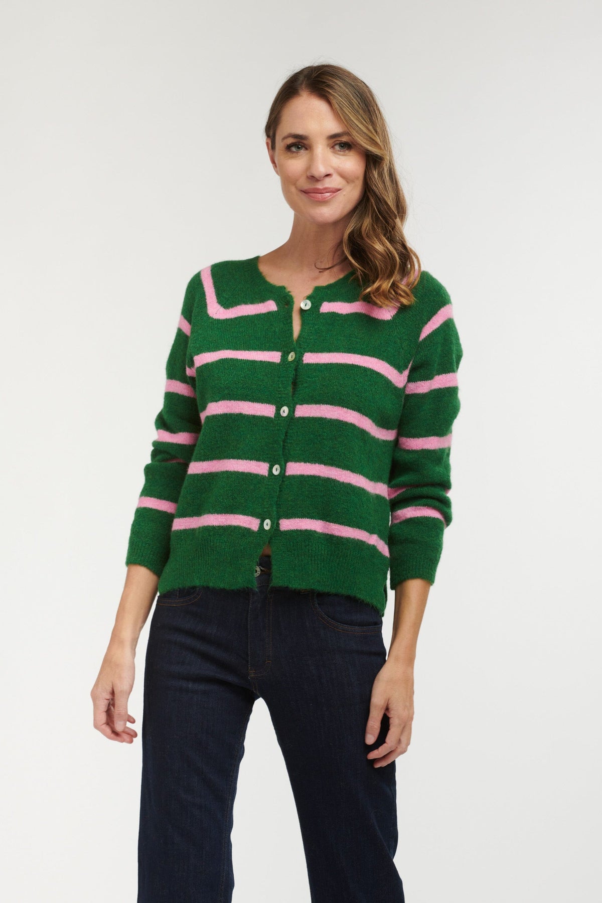 LOVE FROM ITALY Lana Stripe Cardigan - Green with Pink Stripe CARDIGAN - Zabecca Living