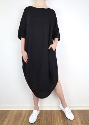 MONTAIGNE Scallop Linen Dress - Black Dress - Zabecca Living