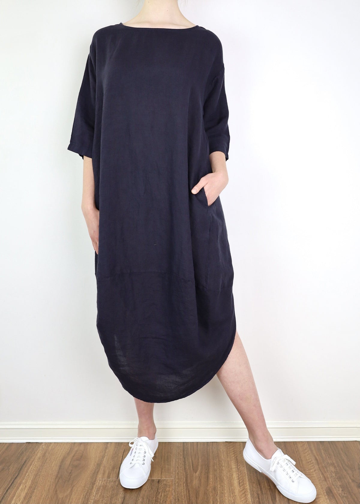 MONTAIGNE Scallop Linen Dress - French Navy Dress - Zabecca Living