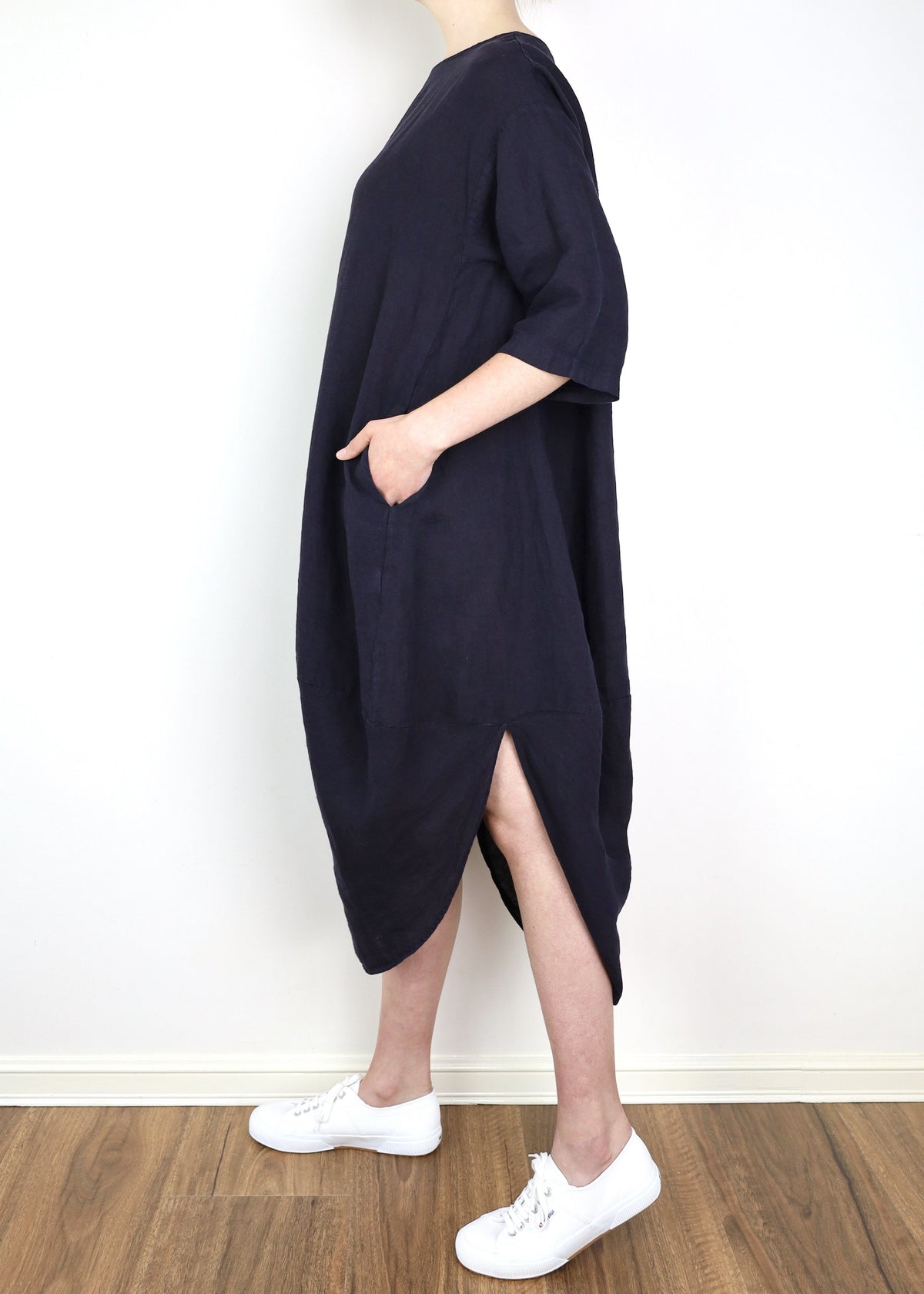 MONTAIGNE Scallop Linen Dress - French Navy Dress - Zabecca Living