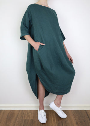 MONTAIGNE Scallop Linen Dress - Teal Dress - Zabecca Living