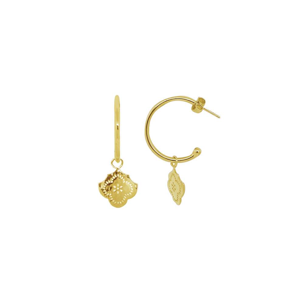 MURKANI Gypsy Goddess Medium Hoop with Flower Pendant - 18KT Yellow Gold Plate Earrings - Zabecca Living