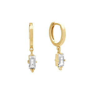 MURKANI Hanging Baguette White Topaz Huggies - 18KT Gold Plate Earrings - Zabecca Living