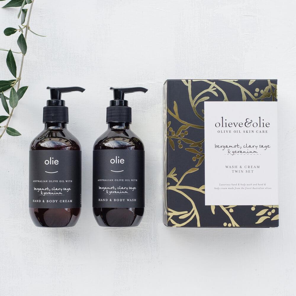 OLIEVE & OLIE Wash & Cream Twin Set - Bergamont, Clary Sage & Geranium GIFT PACK - Zabecca Living
