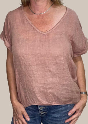 TALIA BENSON Italian Linen T-Shirt With Band One Size - Biscotto Tee - Zabecca Living