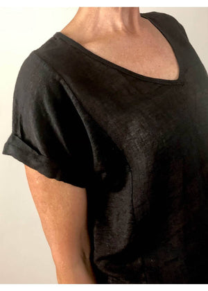 TALIA BENSON Italian Linen T-Shirt With Band One Size - Black Tees - Zabecca Living