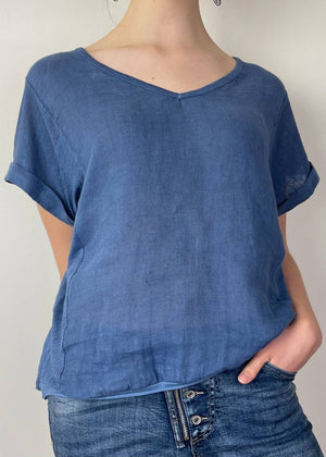 TALIA BENSON Italian Linen T-Shirt With Band One Size - Blue Denim WOMENS TOP - Zabecca Living