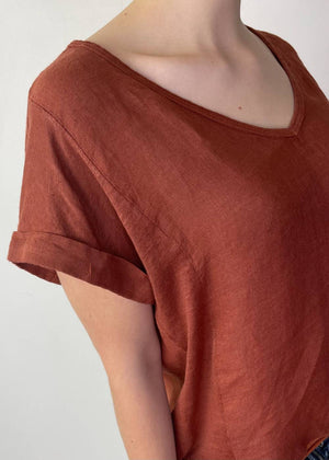 TALIA BENSON Italian Linen T-Shirt With Band One Size - Brique WOMENS TOP - Zabecca Living