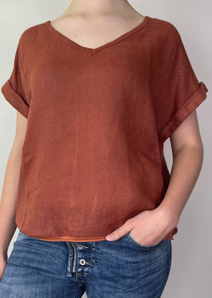 TALIA BENSON Italian Linen T-Shirt With Band One Size - Brique WOMENS TOP - Zabecca Living