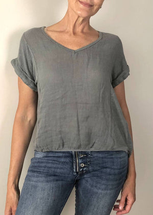 TALIA BENSON Italian Linen T-Shirt With Band One Size - Charcoal Tees - Zabecca Living