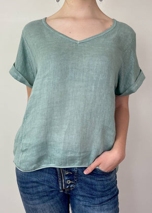 TALIA BENSON Italian Linen T-Shirt With Band One Size - Duck Egg WOMENS TOP - Zabecca Living