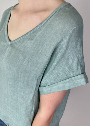 TALIA BENSON Italian Linen T-Shirt With Band One Size - Duck Egg WOMENS TOP - Zabecca Living