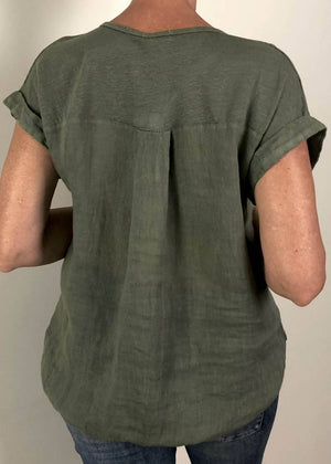 TALIA BENSON Italian Linen T-Shirt With Band One Size - Khaki Tees - Zabecca Living