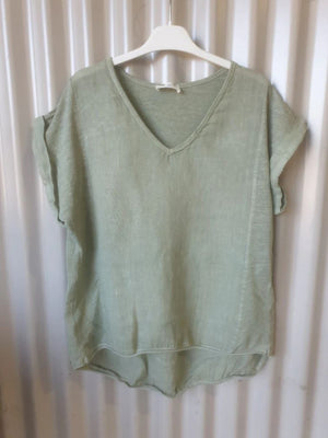 TALIA BENSON Italian Linen T-Shirt With Band One Size - Moss Green Tee - Zabecca Living