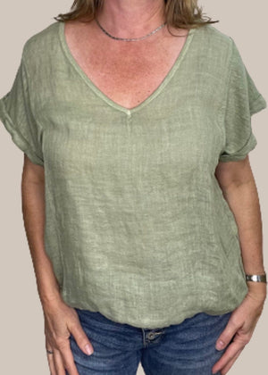 TALIA BENSON Italian Linen T-Shirt With Band One Size - Moss Green Tee - Zabecca Living