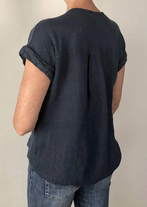 TALIA BENSON Italian Linen T-Shirt With Band One Size - Navy Tees - Zabecca Living