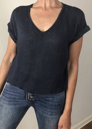 TALIA BENSON Italian Linen T-Shirt With Band One Size - Navy Tees - Zabecca Living