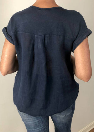 TALIA BENSON Italian Linen T-Shirt With Band One Size - Navy Tees - Zabecca Living