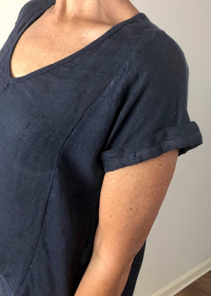 TALIA BENSON Italian Linen T-Shirt With Band One Size - Navy Tees - Zabecca Living