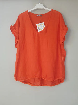TALIA BENSON Italian Linen T-Shirt With Band One Size - Orange Tee - Zabecca Living