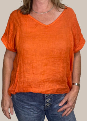 TALIA BENSON Italian Linen T-Shirt With Band One Size - Orange Tee - Zabecca Living