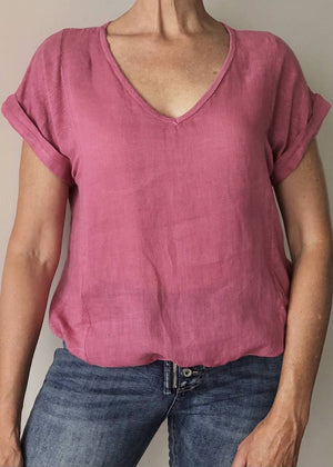 TALIA BENSON Italian Linen T-Shirt With Band One Size - Raspberry Tees - Zabecca Living