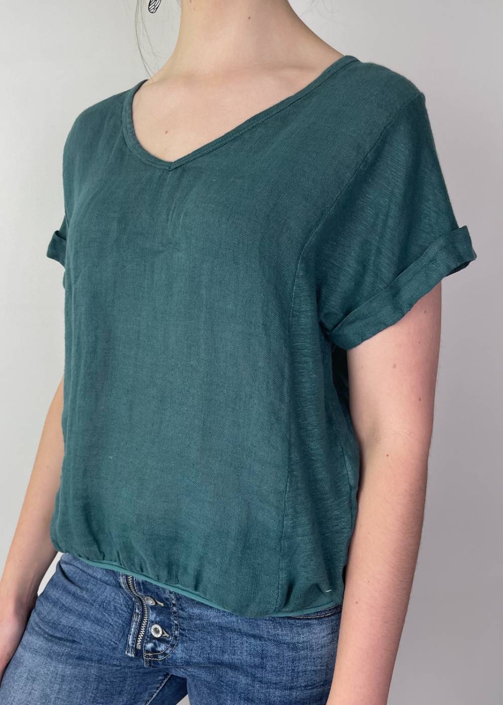 TALIA BENSON Italian Linen T-Shirt With Band One Size - Teal WOMENS TOP - Zabecca Living