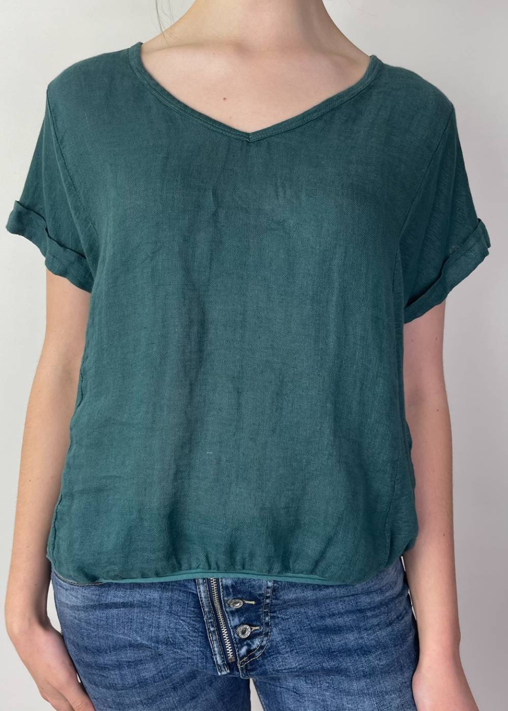 TALIA BENSON Italian Linen T-Shirt With Band One Size - Teal WOMENS TOP - Zabecca Living
