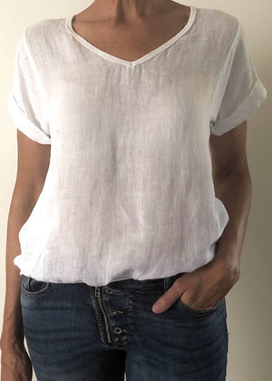TALIA BENSON Italian Linen T-Shirt With Band One Size - White Tees - Zabecca Living