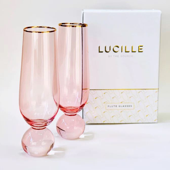 THE SOURCE Lucille Pink with Gold Rim Flute -Set of 2 DRINKWARE - Zabecca Living