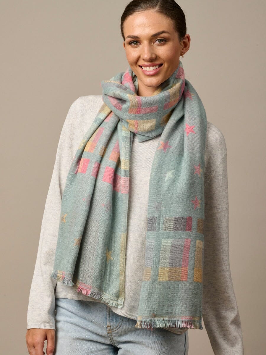 TIGER TREE Star & Check Scarf - Duck Egg scarf - Zabecca Living