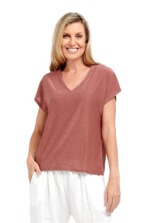 URBAN LUXURY Lurex V-Neck Top - Copper Tee - Zabecca Living