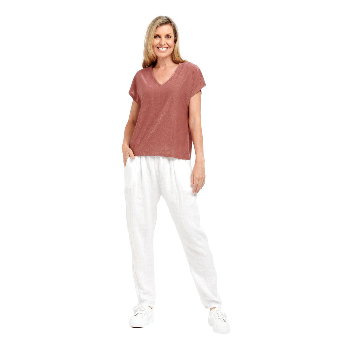 URBAN LUXURY Lurex V-Neck Top - Copper Tee - Zabecca Living